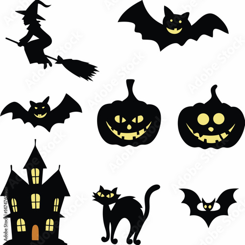 Halloween Ghost Holding Candles Free Vector,  a witch flying on a broomstick, haunted houses with glowing windows and crooked roofs, smiling and fanged ghosts,  