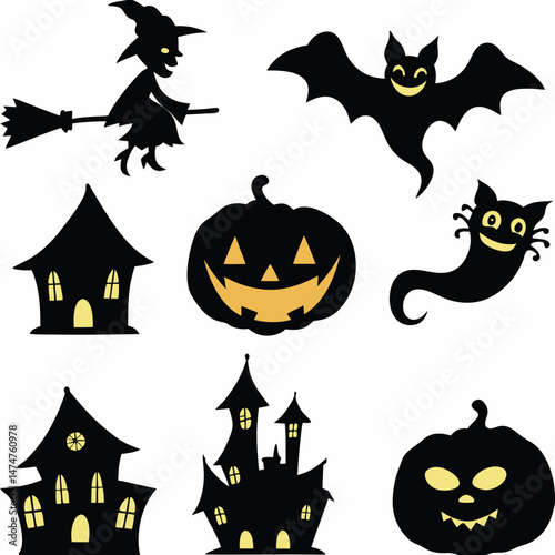 Halloween Ghost Holding Candles Free Vector,  a witch flying on a broomstick, haunted houses with glowing windows and crooked roofs, smiling and fanged ghosts,  