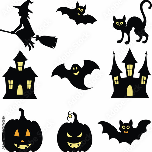 Halloween Ghost Holding Candles Free Vector,  a witch flying on a broomstick, haunted houses with glowing windows and crooked roofs, smiling and fanged ghosts,  