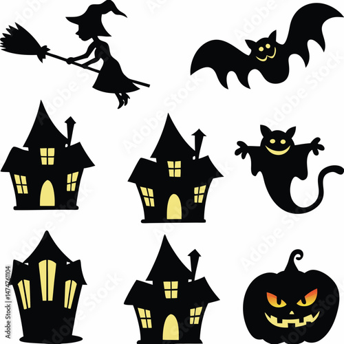 Halloween Ghost Holding Candles Free Vector,  a witch flying on a broomstick, haunted houses with glowing windows and crooked roofs, smiling and fanged ghosts,  