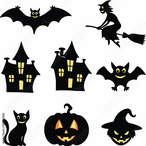 Halloween Ghost Holding Candles Free Vector,  a witch flying on a broomstick, haunted houses with glowing windows and crooked roofs, smiling and fanged ghosts,  