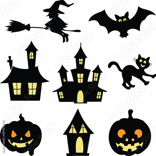 Halloween Ghost Holding Candles Free Vector,  a witch flying on a broomstick, haunted houses with glowing windows and crooked roofs, smiling and fanged ghosts,  