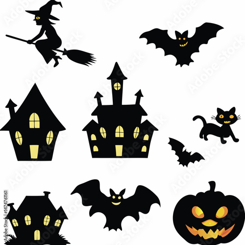 Halloween Ghost Holding Candles Free Vector,  a witch flying on a broomstick, haunted houses with glowing windows and crooked roofs, smiling and fanged ghosts,  