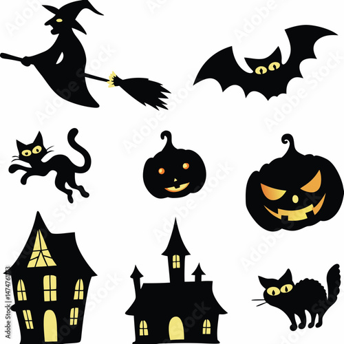 Halloween Ghost Holding Candles Free Vector,  a witch flying on a broomstick, haunted houses with glowing windows and crooked roofs, smiling and fanged ghosts,  