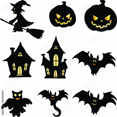 Halloween Ghost Holding Candles Free Vector,  a witch flying on a broomstick, haunted houses with glowing windows and crooked roofs, smiling and fanged ghosts,  