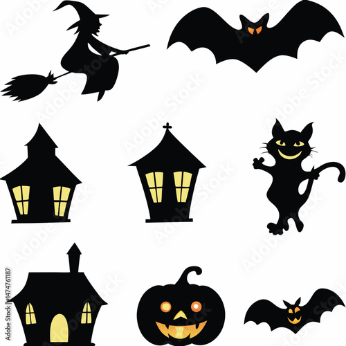 Halloween Ghost Holding Candles Free Vector,  a witch flying on a broomstick, haunted houses with glowing windows and crooked roofs, smiling and fanged ghosts,  