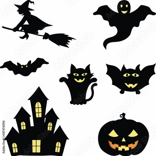 Halloween Ghost Holding Candles Free Vector,  a witch flying on a broomstick, haunted houses with glowing windows and crooked roofs, smiling and fanged ghosts,  