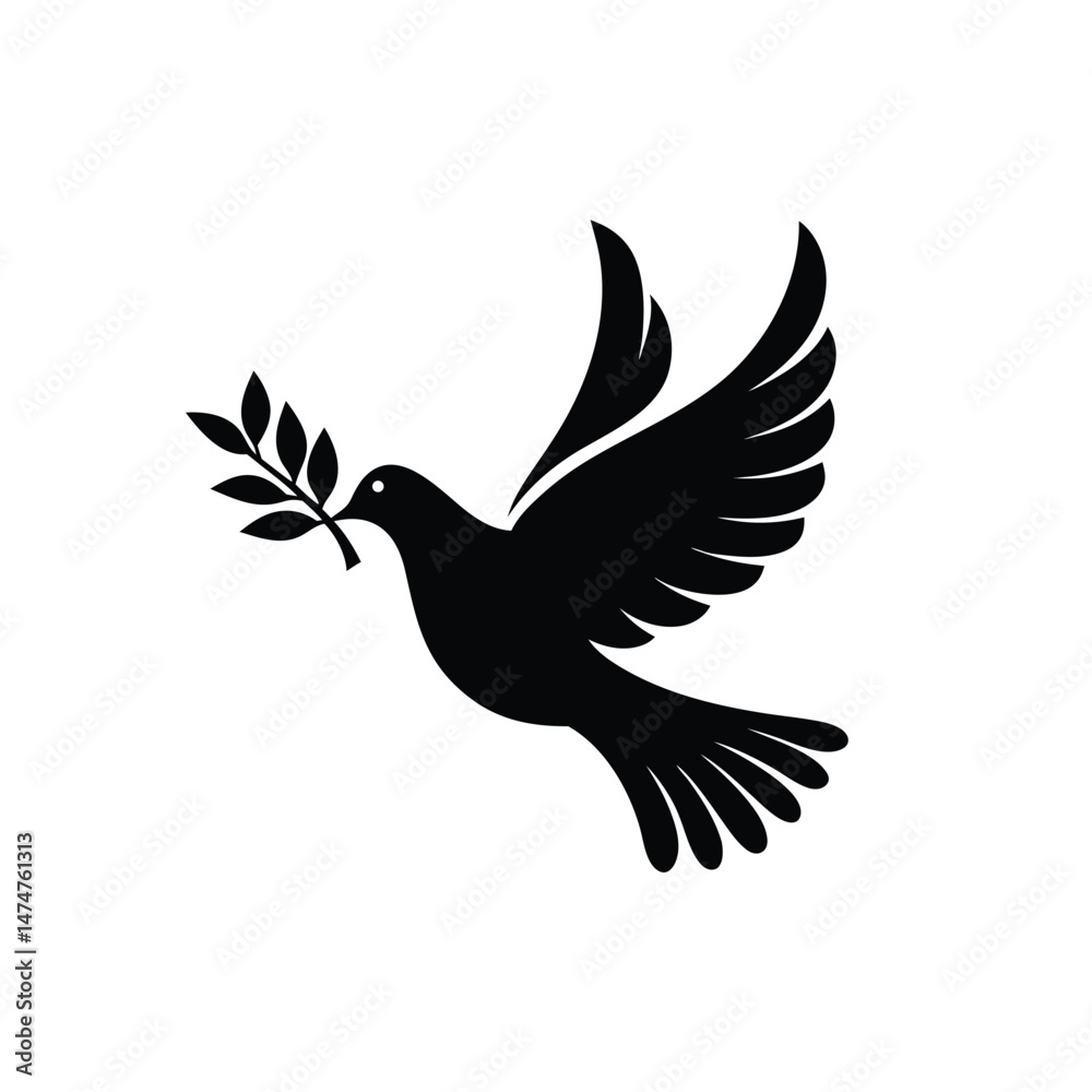 Obraz premium Silhouette of Dove with Olive Branch – Peace Symbol Vector Icon