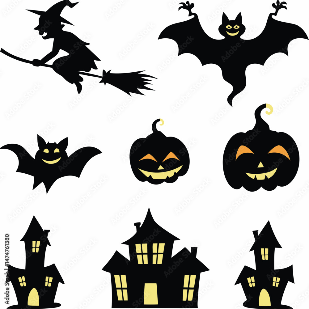 Obraz premium Halloween Ghost Holding Candles Free Vector, a witch flying on a broomstick, haunted houses with glowing windows and crooked roofs, smiling and fanged ghosts, 