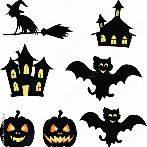 Halloween Ghost Holding Candles Free Vector,  a witch flying on a broomstick, haunted houses with glowing windows and crooked roofs, smiling and fanged ghosts,  