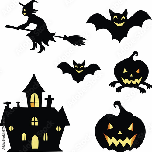 Halloween Ghost Holding Candles Free Vector,  a witch flying on a broomstick, haunted houses with glowing windows and crooked roofs, smiling and fanged ghosts,  