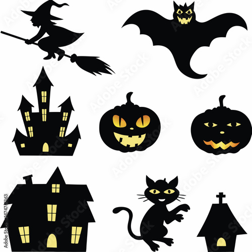 Halloween Ghost Holding Candles Free Vector,  a witch flying on a broomstick, haunted houses with glowing windows and crooked roofs, smiling and fanged ghosts,  