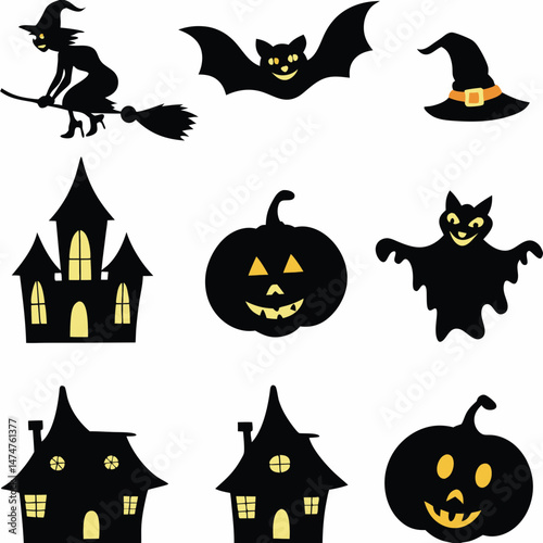 Halloween Ghost Holding Candles Free Vector,  a witch flying on a broomstick, haunted houses with glowing windows and crooked roofs, smiling and fanged ghosts,  