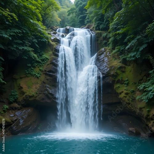 A waterfall cascading into a turquoise pool surrounded by lush greenery.