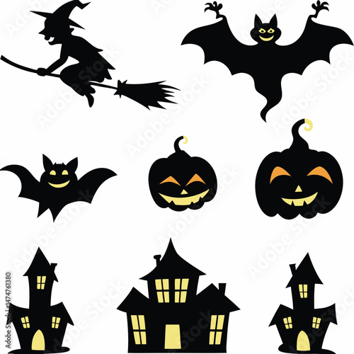 Halloween Ghost Holding Candles Free Vector,  a witch flying on a broomstick, haunted houses with glowing windows and crooked roofs, smiling and fanged ghosts,  