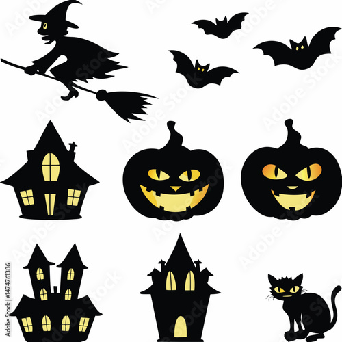 Halloween Ghost Holding Candles Free Vector,  a witch flying on a broomstick, haunted houses with glowing windows and crooked roofs, smiling and fanged ghosts,  