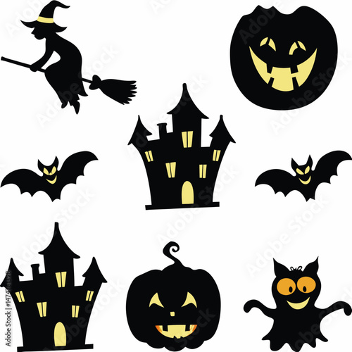 Halloween Ghost Holding Candles Free Vector,  a witch flying on a broomstick, haunted houses with glowing windows and crooked roofs, smiling and fanged ghosts,  
