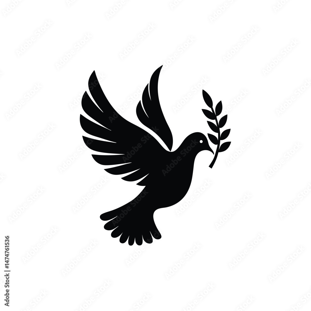 Obraz premium Silhouette of Dove with Olive Branch – Peace Symbol Vector Icon