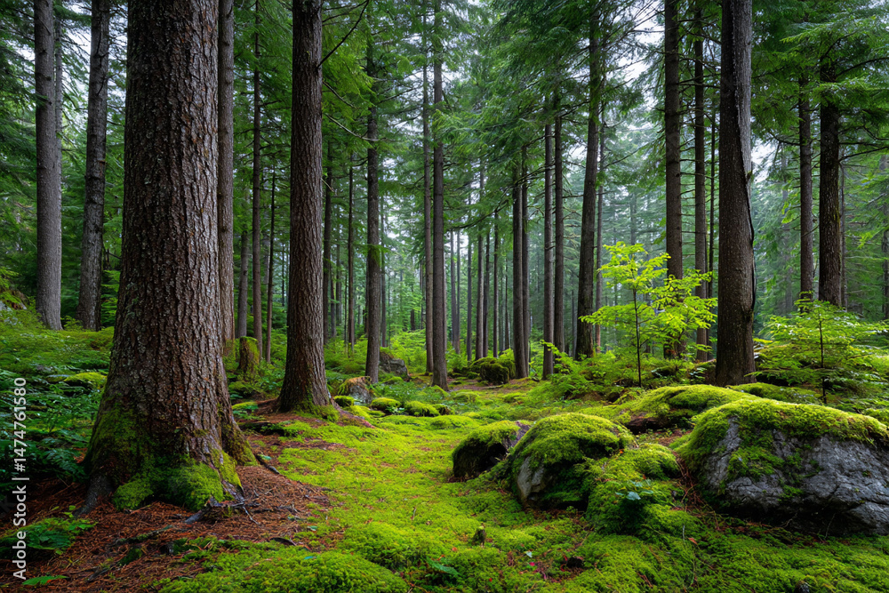 Naklejka premium Serene forest floor covered with moss, tall trees reaching towards the sky above