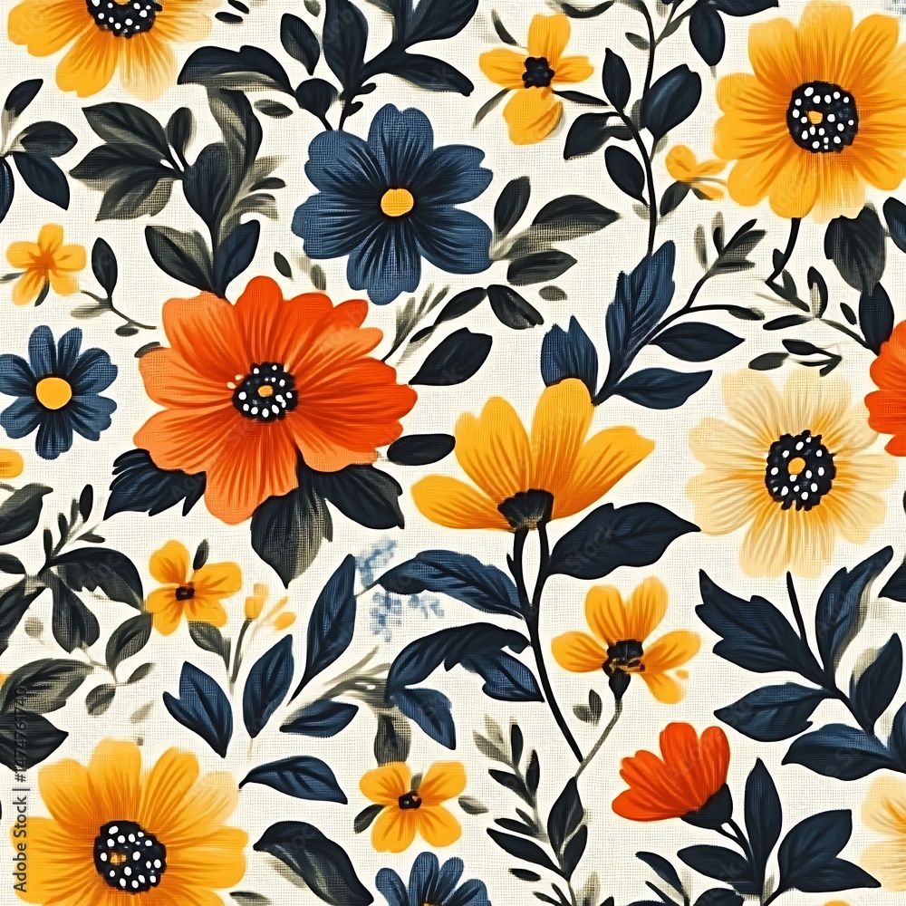 Vibrant floral pattern featuring a mix of orange, yellow, and navy blue flowers on a cream background, with dark foliage and stems Vibrant floral pattern featuring a mix of orange, yellow, and navy blue flowers on a cream background, with dark foliage and stems