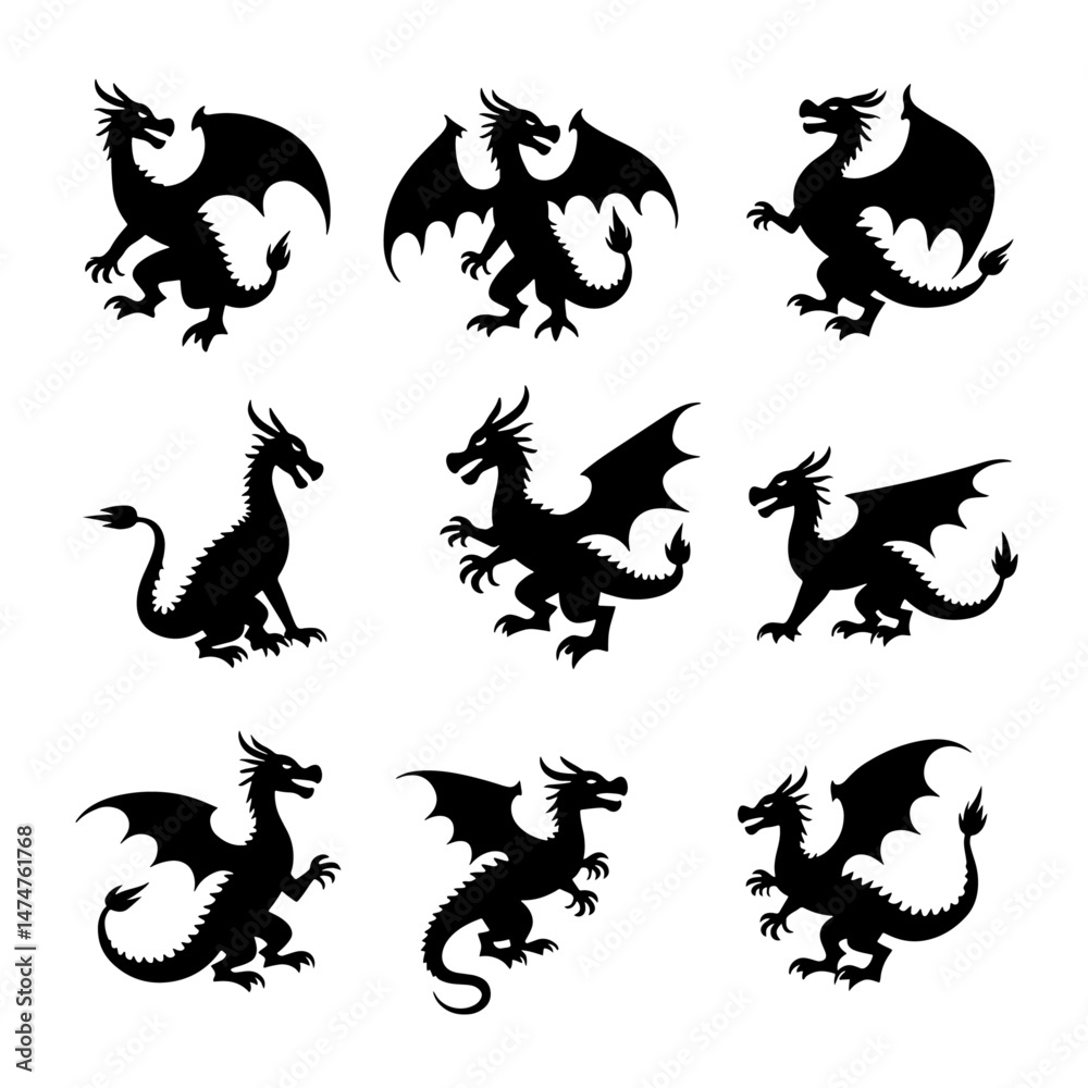 Set of cute dragon silhouettes in various playful poses, black vector collection on white background