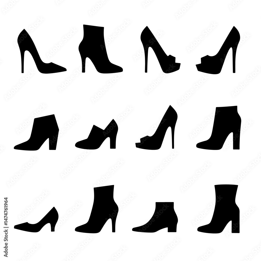 Collection of high heel silhouette on white background, high heel silhouette .