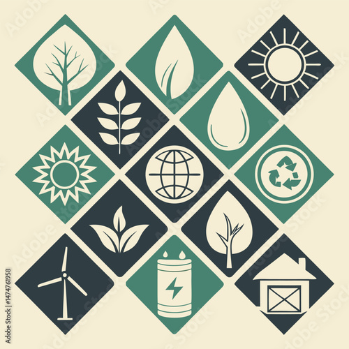 seamless pattern with geometric elements Design 10 environment-themed icons in a cute, cartoonish style suitable for educational material for children. Include fun and friendly representations of: the