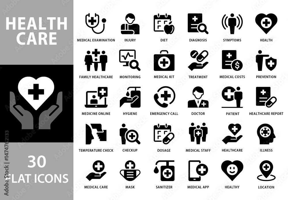 Collection of 30 Flat Style Black and White Vector Icons for HealthCare ...