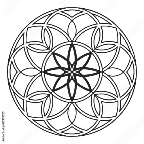 Mandala design in vector style with animal-themed details — such as elephant, lion, owl, or butterfly — integrated into the radial symmetry. Intricate linework combining animal features with floral an