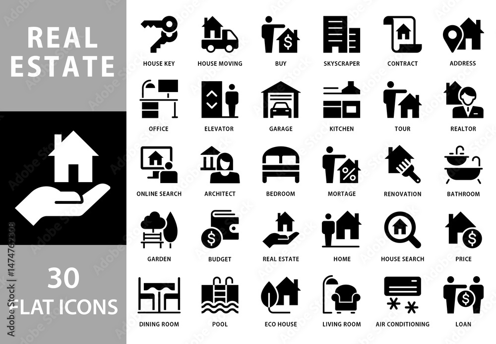 Collection of 30 Flat Style Black and White Vector Icons for Real ...