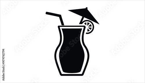 Tropical Drink Silhouette Vector with Umbrella and Citrus Slice.