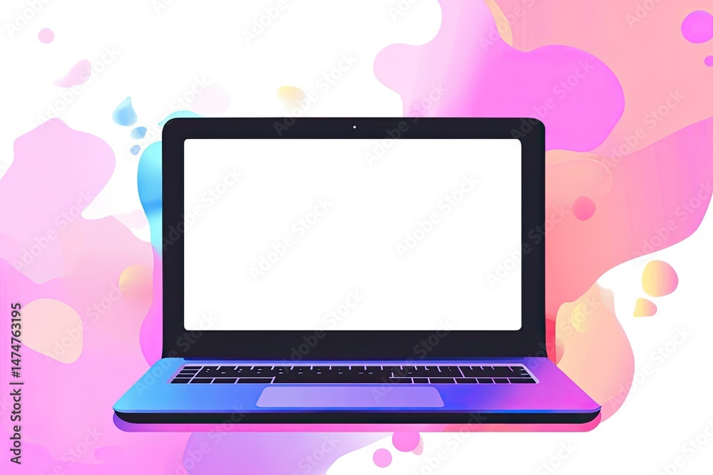 Laptop with blank screen, vibrant background. Modern, colorful design Laptop with blank screen, vibrant background. Modern, colorful design