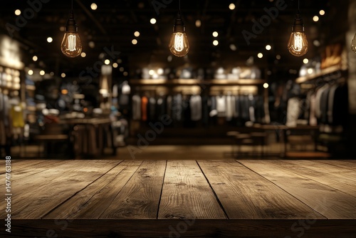 Empty wooden table in front of a clothing store at night