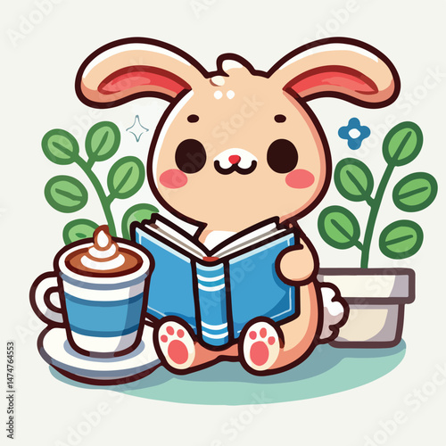 Cute Rabbit Reading Book With Coffee Cartoon Vector Icon Illustration