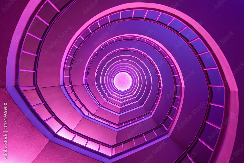 Obraz premium Graphic design art of abstract illusion of spiral with geometric shapes of pink and violet neon lines against purple background