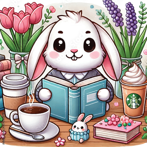 Cute Rabbit Reading Book With Coffee Cartoon Vector Icon Illustration
