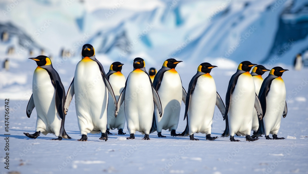 Fototapeta premium Antarctic Assembly A stately march of emperor penguins against a glacial backdrop
