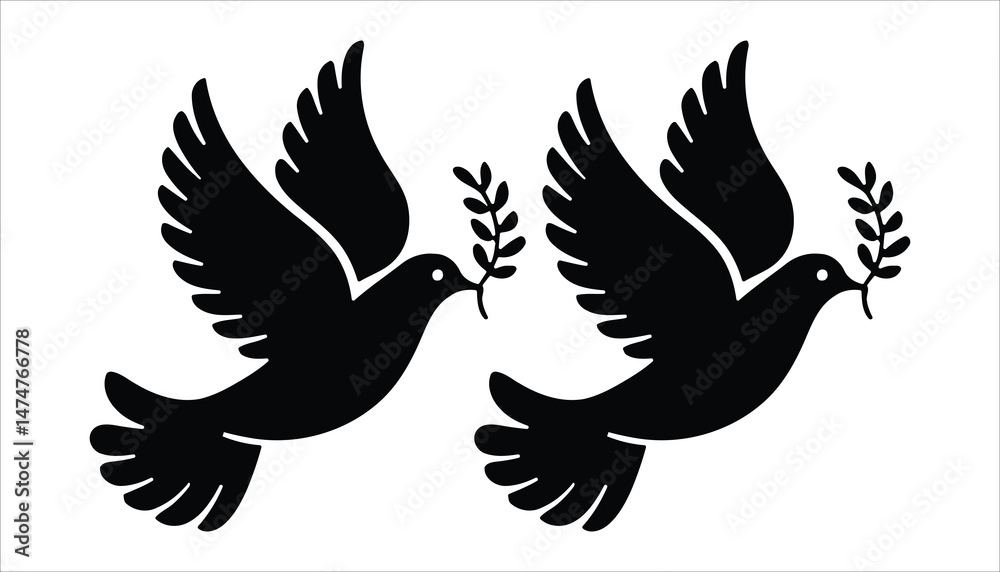 Obraz premium Two Doves with Olive Branches Silhouette Icon for Peace and Harmony Themes