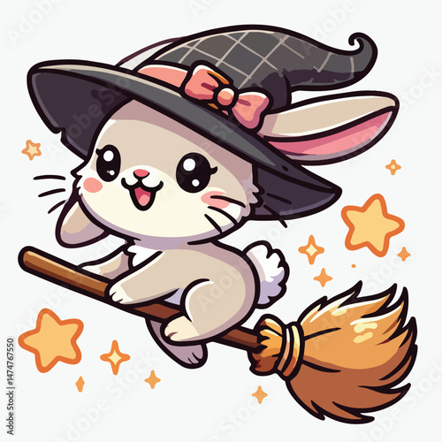 Cute Witch Rabbit Flying With Magic Broom Cartoon Vector Icon Illustration