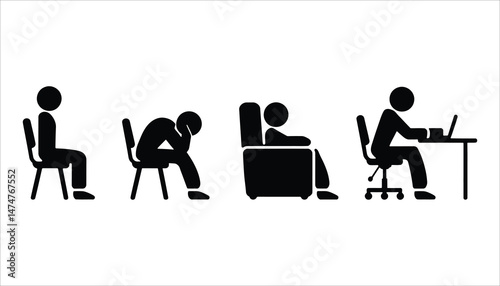 Person Sitting in Different Positions: Office Work, Rest, and Stress Icon Set