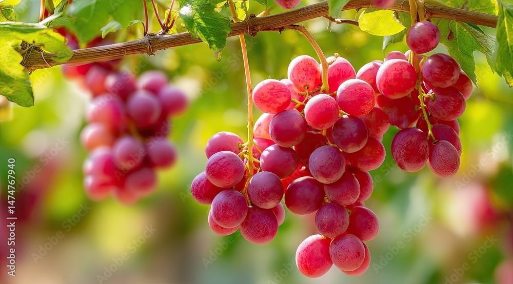 Clusters of vibrant pink grapes hanging from vines. Lush green leaves surround the fruit Clusters of vibrant pink grapes hanging from vines. Lush green leaves surround the fruit