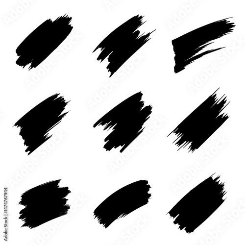 A collection of modern grungy paint brush strokes is presented, featuring calligraphy with straight smears, stamp, and lines, all hand drawn in ink and isolated on a white background with modern