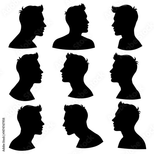 set of heads in profile silhouette vector on white background