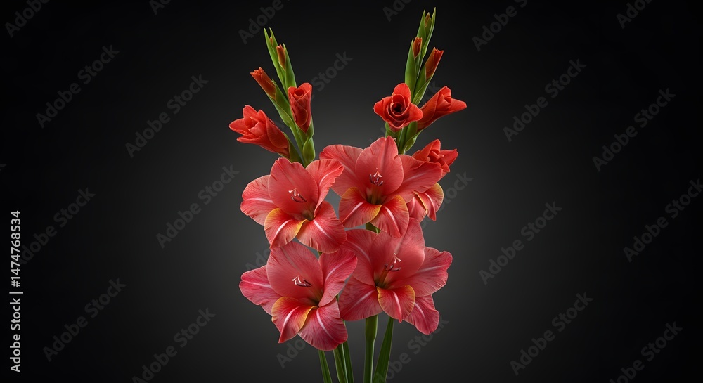 Obraz premium Blooming Gladiolus Flowers with Red and Yellow Petals on Dark Background