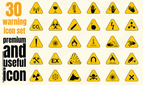 Simple Warning Hazard Signs, set of yellow warning signs, Big Set of 30 isolated hazardous symbols on yellow round triangle board warning sign