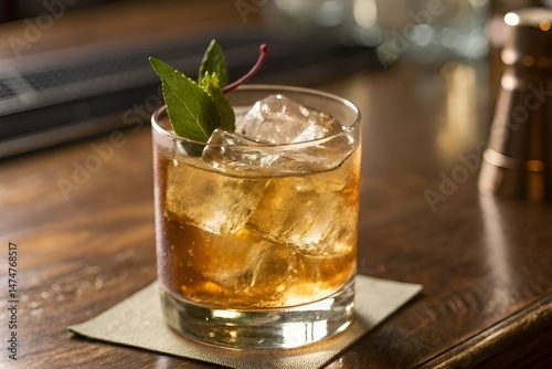 Golden Brown Cocktail with Ice and Green Garnish on Wooden Table in Warm Lounge Setting