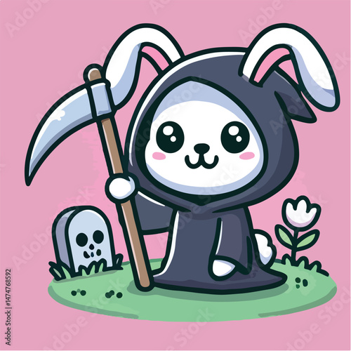 Cute Rabbit Grim Reaper Cartoon Vector Icon Illustration