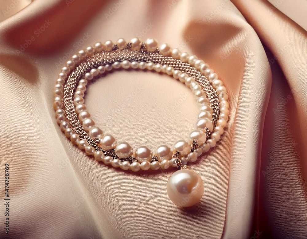 Fototapeta premium elegant pearl necklace on luxurious satin fabric