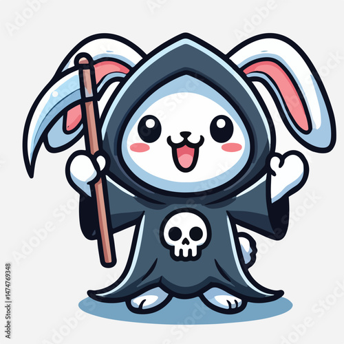 Cute Rabbit Grim Reaper Cartoon Vector Icon Illustration