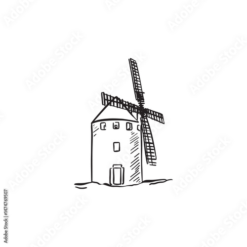 Windmill illustration, drawn by hand in black and white. 